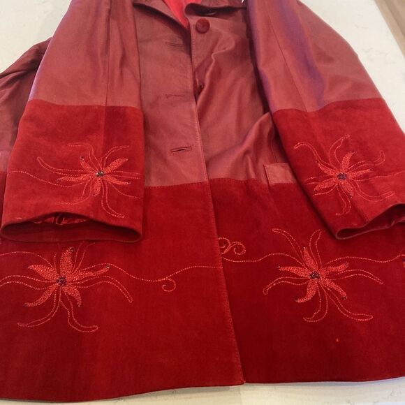 Vintage Lambskin Leather Red Suade Embroidered Rhinstones Holiday Jacket - Picture 1 of 15
